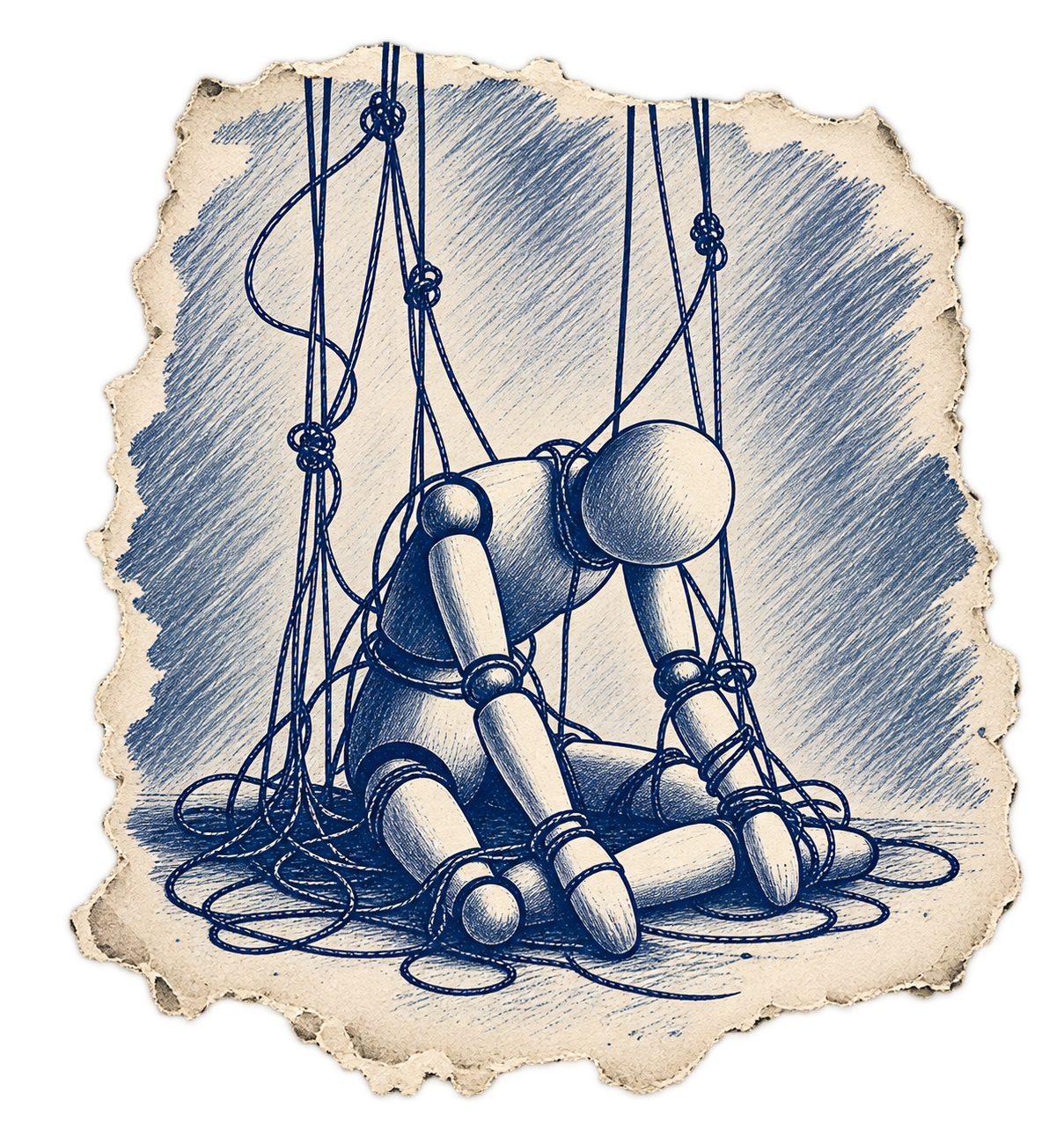Illustration einer Marionette, die sich verheddert hat – Sinnbild für Komplexität