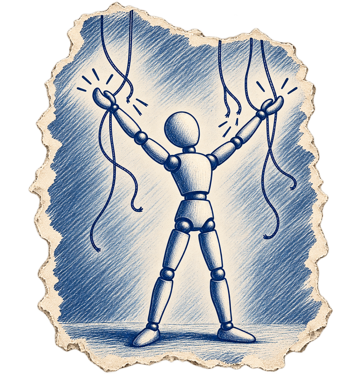 Illustration einer Marionette mit gelösten Fäden – Sinnbild für Unabhängigkeit, Kontrolle und Ordnung